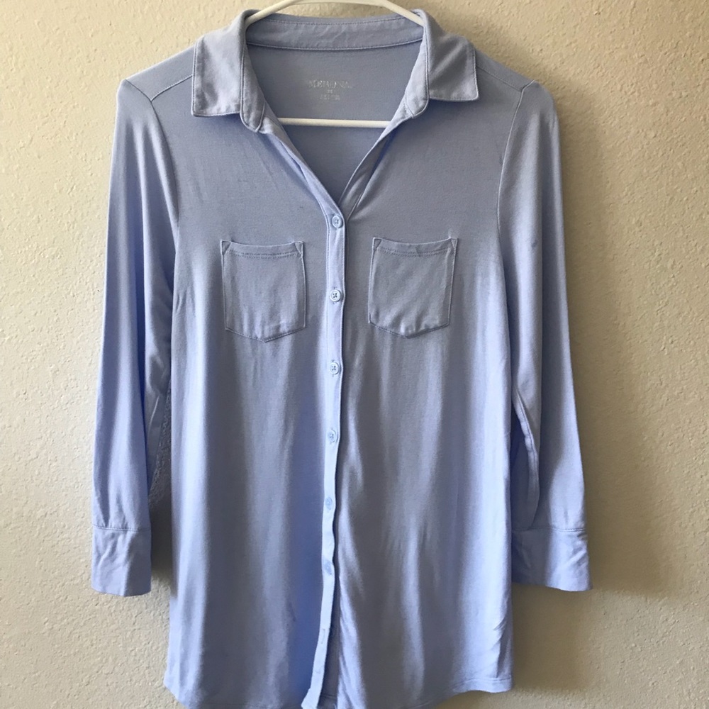 Light blue and dark purple button up collar shirt
